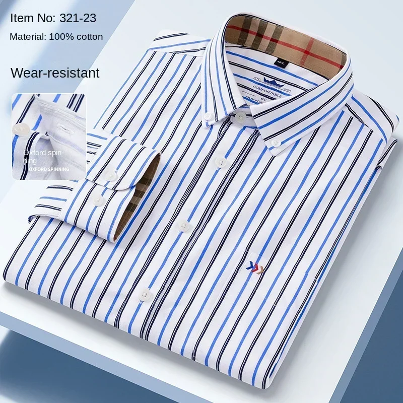 Oxford 100% cotton double-color collar long-sleeved shirt embroidered pocket-free cotton men casual shirt upscale gift wholesale