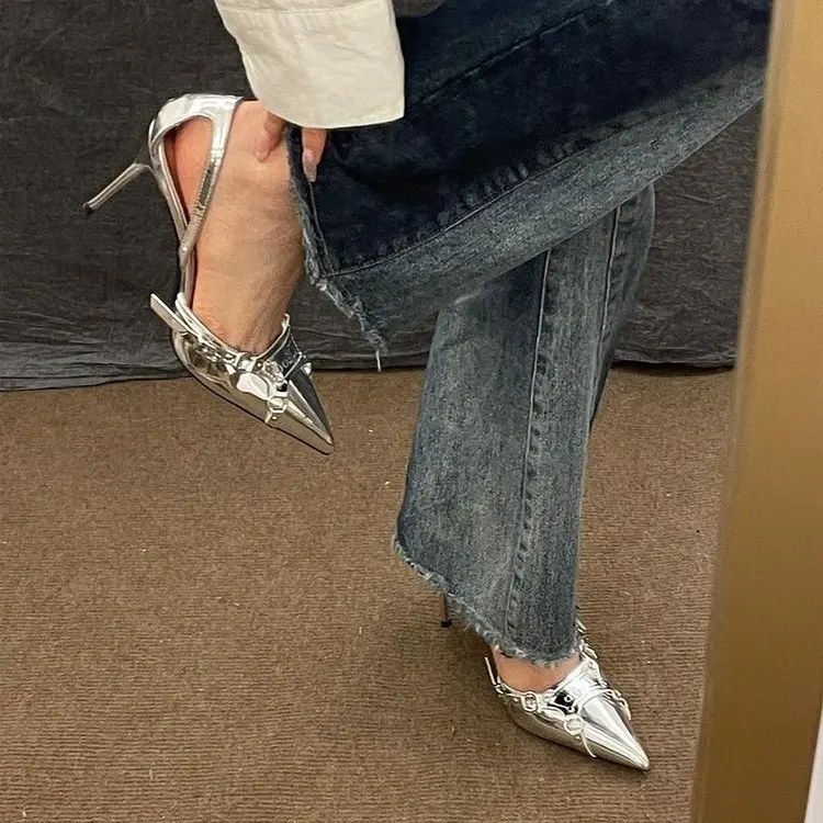 Silver High Heels Sandals Women Summer Punk Goth Pointed Toe Party Shoes Woman Metallic Thin Heeled Dress Pumps Ladies 2023