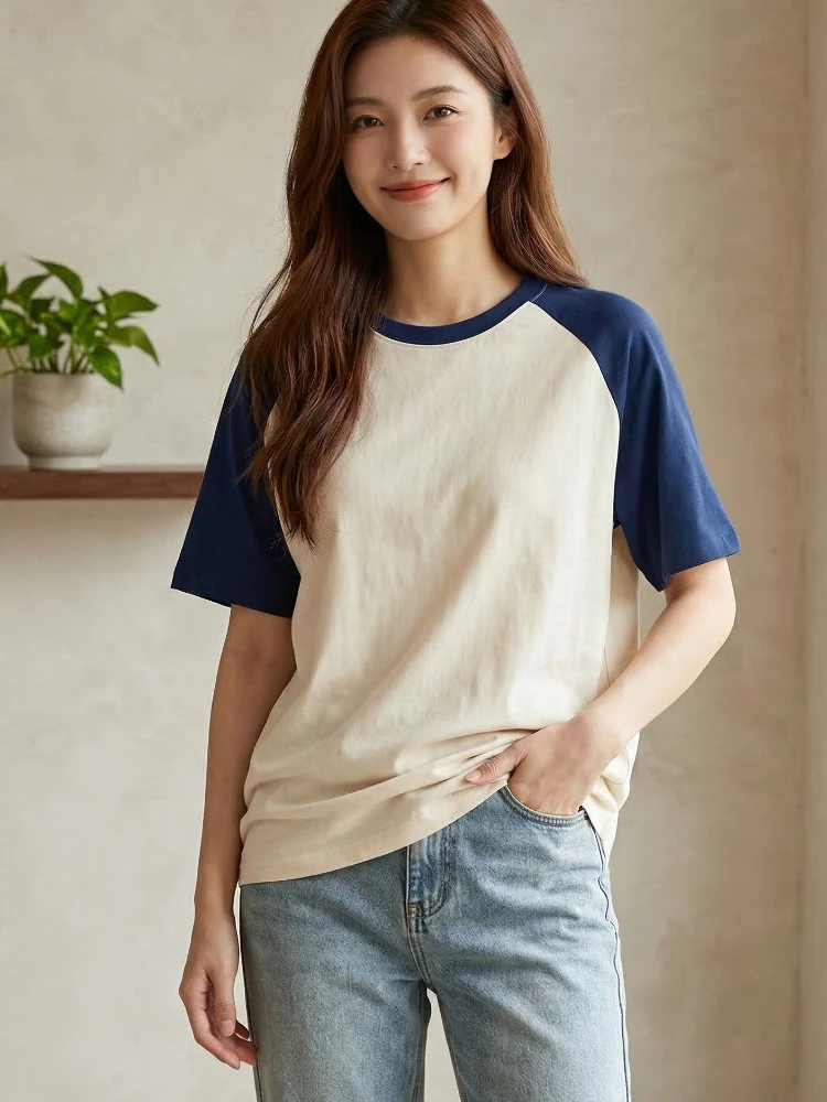 200G Baumwoll-Raglan-Kurzarm-Rundhals-T-Shirt für Damen, Frühjahr/Sommer 2026, locker sitzendes, vielseitiges Freizeit-Oberteil, Color-Block-Tees – Detail 4