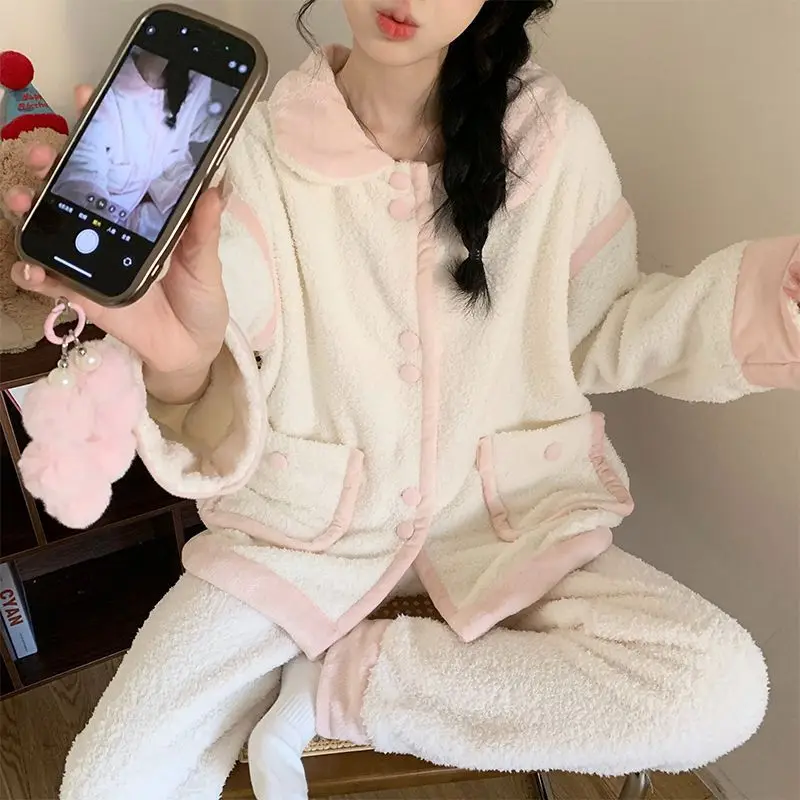 

Thickened Flannel Sleepwear Women WInter Warm Coral Fleece Home Clothes Korean Students Sweet Pajamas Set Cozy Two-Piece Outfits