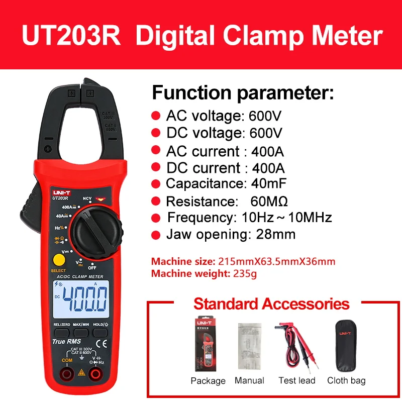 UNI-T Klemmeter UT204R AC DC Digitale Ampèremeter NCV Amperimetrische Klem Haak-type Multimeter Auto Range HVAC Gereedschap