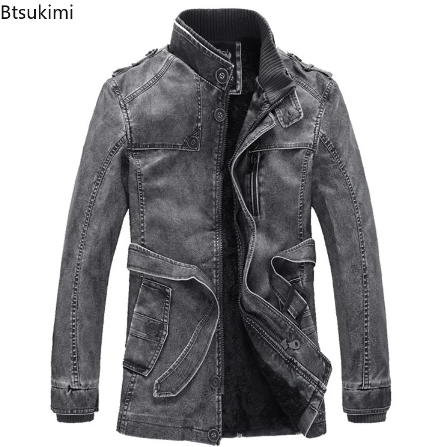 

2025 Men's Mid To Long Standing Collar PU Leather Jacket Personalized Washed Motorcycle Leather Jacket Fleece Jackets for Men