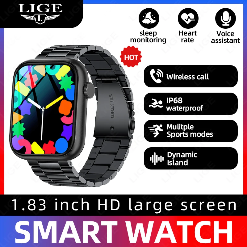 

2026 Smart Watch Men 1.83inch Full Touch Screen Waterproof Sport Fitness Tracker HD Bluetooth Call Smartwatch Men Women Bracelet