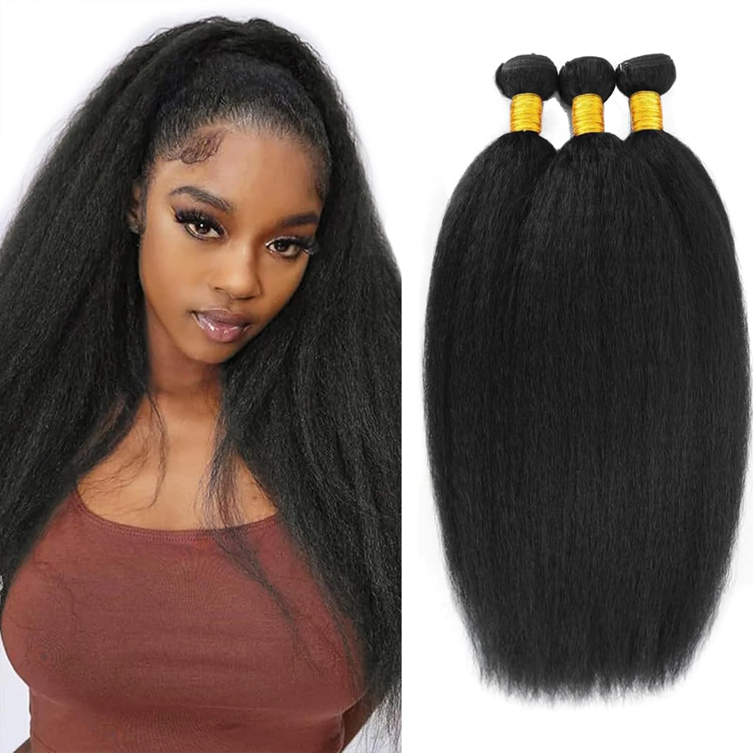 14/16/18/22 inch Kinky Straight Bundles Yaki StraightFor Black Women Natural Black Color synthetic
