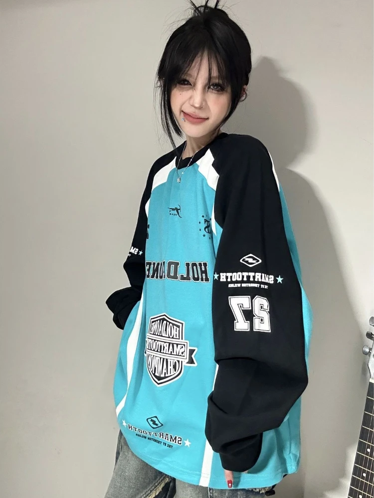 Camicia oversize Hip Hop T-shirt con stampa vintage stile americano T-shirt da uomo a maniche lunghe con vestibilità ampia e grafica traspirante Streetwear