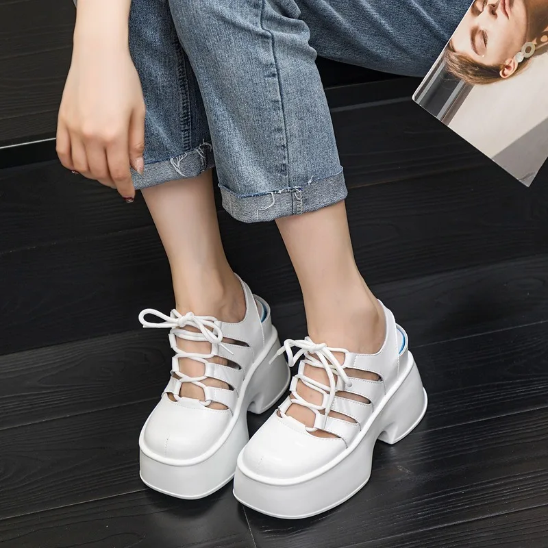 11cm Cow Genuine Leather Women Moccasins Summer B lack Retro British Lace Up Platform Wedge Weave Sandals Ladies Natural Shoes