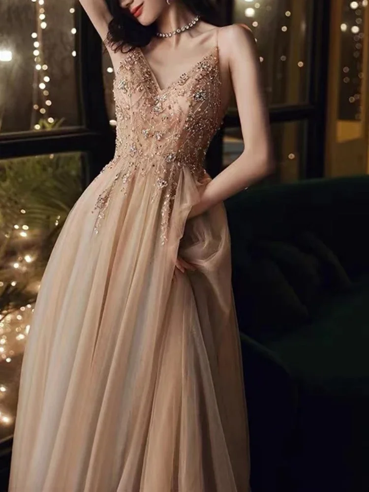 Customized Evening Dresses Long Sexy Deep V-Neck A-Line Sleeveless Beading Sequins Formal Party Prom Gowns Robes De Soirée