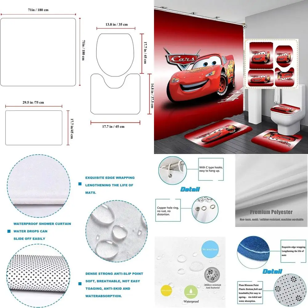 

72x72 Cartoon Boys Bathroom Set: Shower Curtain, Toilet Seat Cover, Bath Mat, Non-Slip Rugs for Kids' Decor