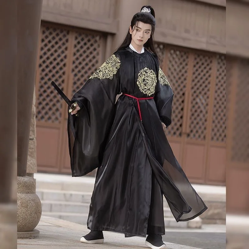 

New round Neck Gown Black Embroidery Antique Flowing Suit for Men and Women Autumn