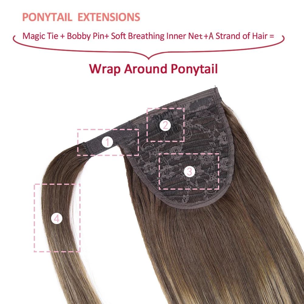 Ponytail In Hair Extensions 100% Real Hair Highlight Black PonyTail In Human Hair Extensions For Women Magic Wrap Around 22 Inch