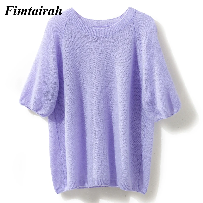 سترة نسائية من الكشمير ، بأكمام قصيرة ، تي شيرت فضفاض محبوك ، رقبة مستديرة ، بلوزة ، تي شيرت ، حرير التوت ، من Fimtairah