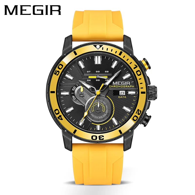 MEGIR 2224 Men Quartz Watch Sport Fashion Creative Cool Orange Silicone Strap Chronograph Luminous Date Wristwatch for Male