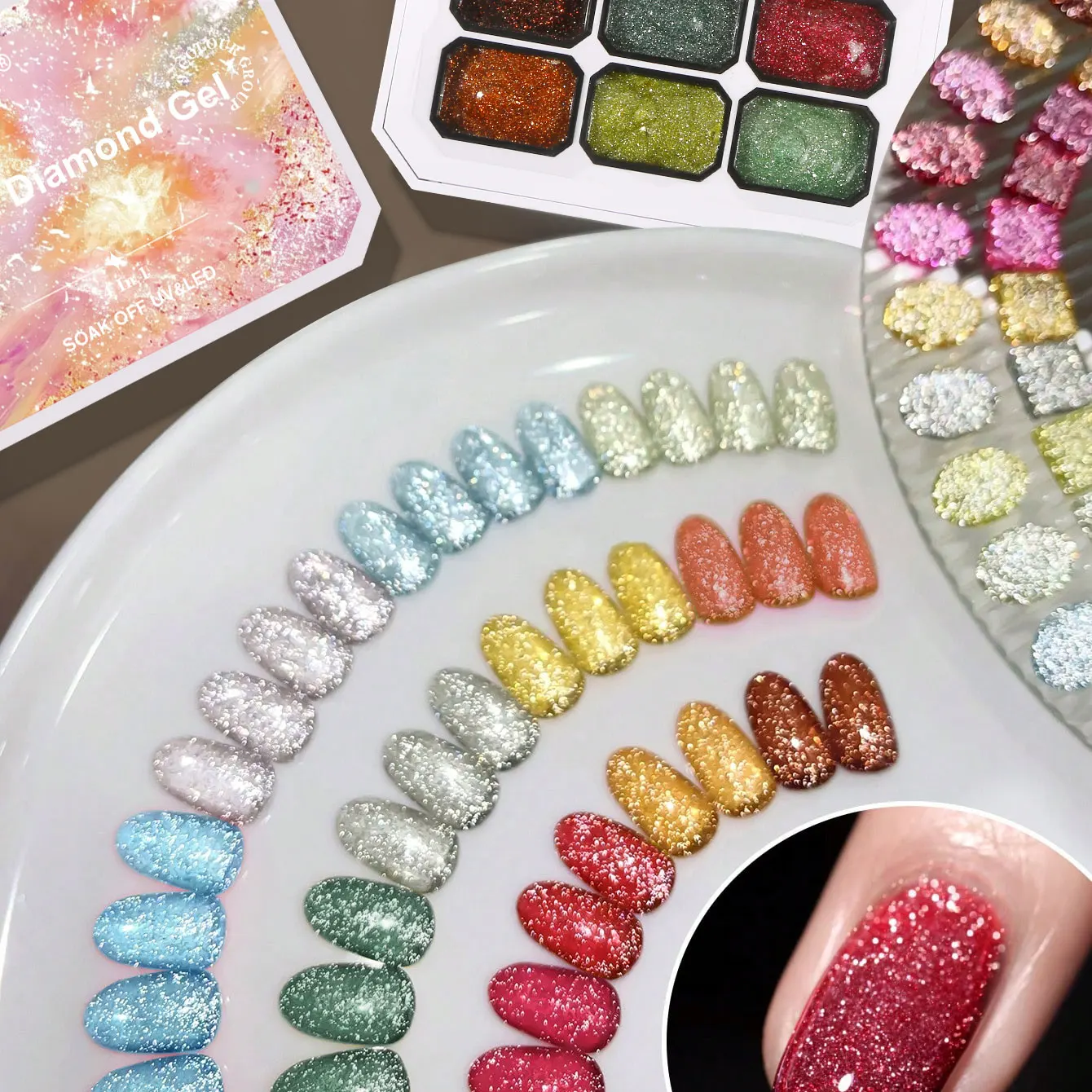 Ovanlee 9-Color Glitter Crushed Diamond Nail Gel – Sparkling Diced Diamond UV/LED Polish Set, 4-in-1 Translucent Shimmer Gel for Overlay, Painting & Solid Nails (8.6cm Starry Palette Box)