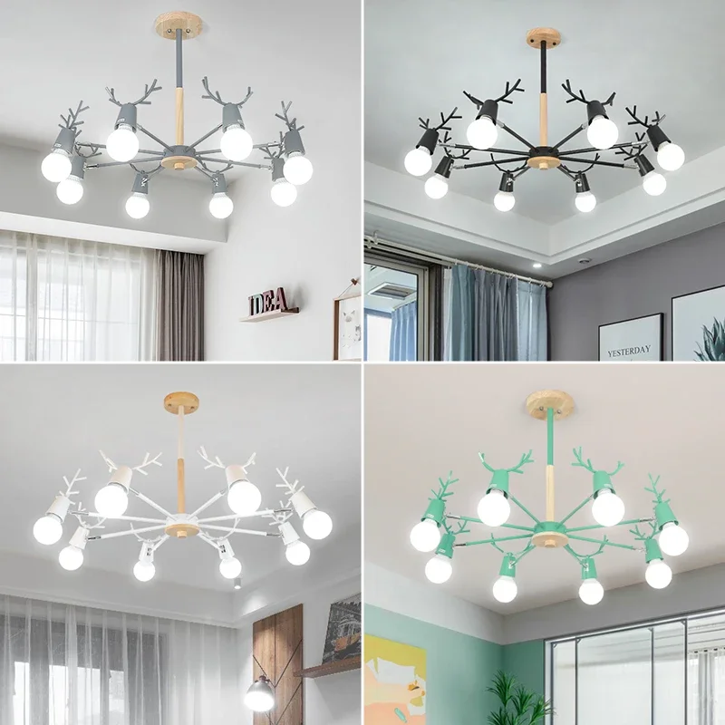 Modern Wood Chandelier Horn Deer Lampshade Kids Room Girl Room Chandelier Black White Pink Chandelier Led Salon Lighting