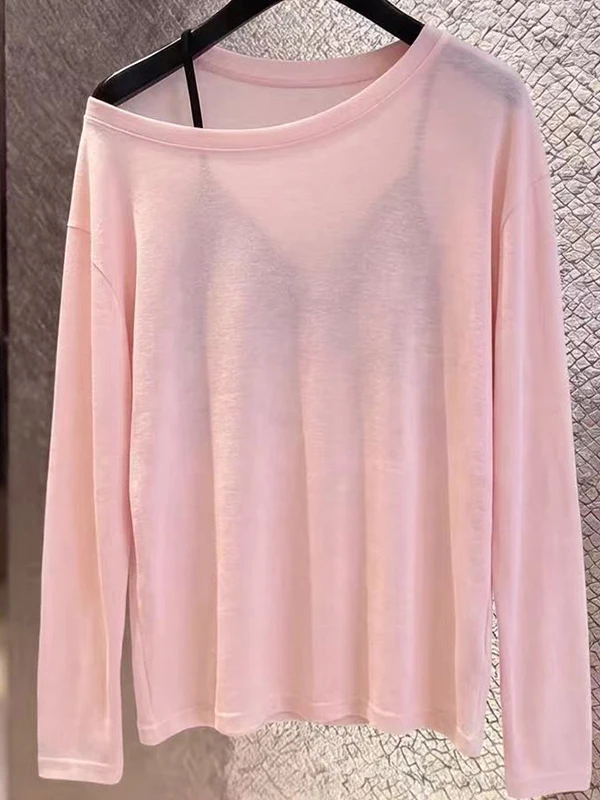 

Loose Women's Long Sleeve T-Shirt Pink Shoulder Slanting Sun Protection Summer 2026 Breathable Campus Style Polyester Fiber