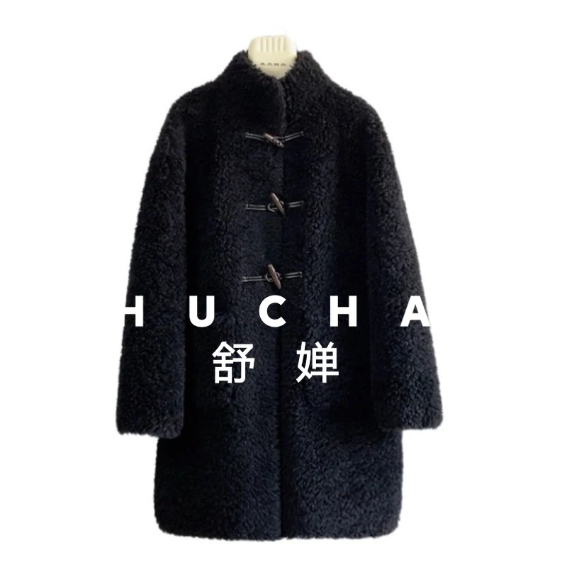 100% Wool Coat Women New Warm New Lamb Wool Jacket Stand-up Collar Horn Buckle Winter Coat Women