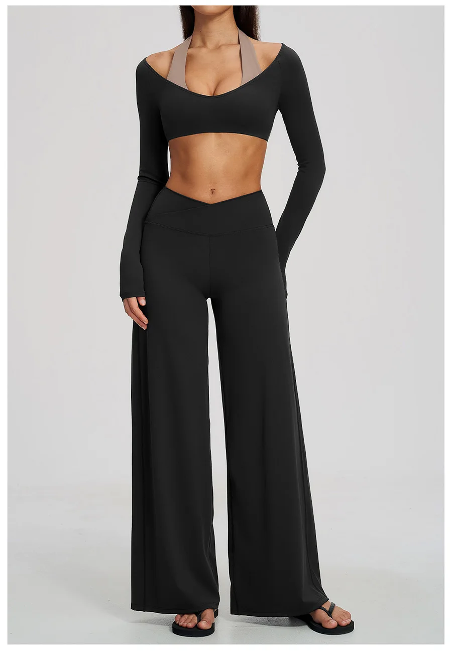 Yoga-Set 2-teilig, Fitnessbekleidung, Trainingsanzug, Lauf-Sportbekleidung, Outfit, hochtailliert, weites Bein, langärmeliges Crop-Top – Detail 27