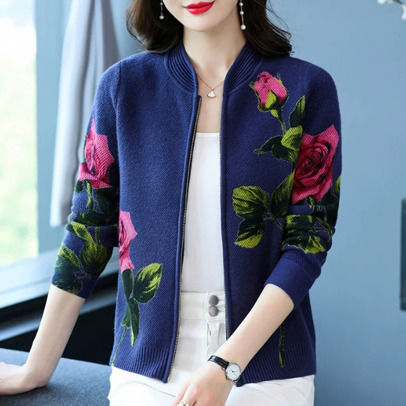

New Sweater Cardigan Women Autumn Winter O-Neck Coat Zipper Loose Cardigan Long sleeve Fashion Printing Knitting Cardigan