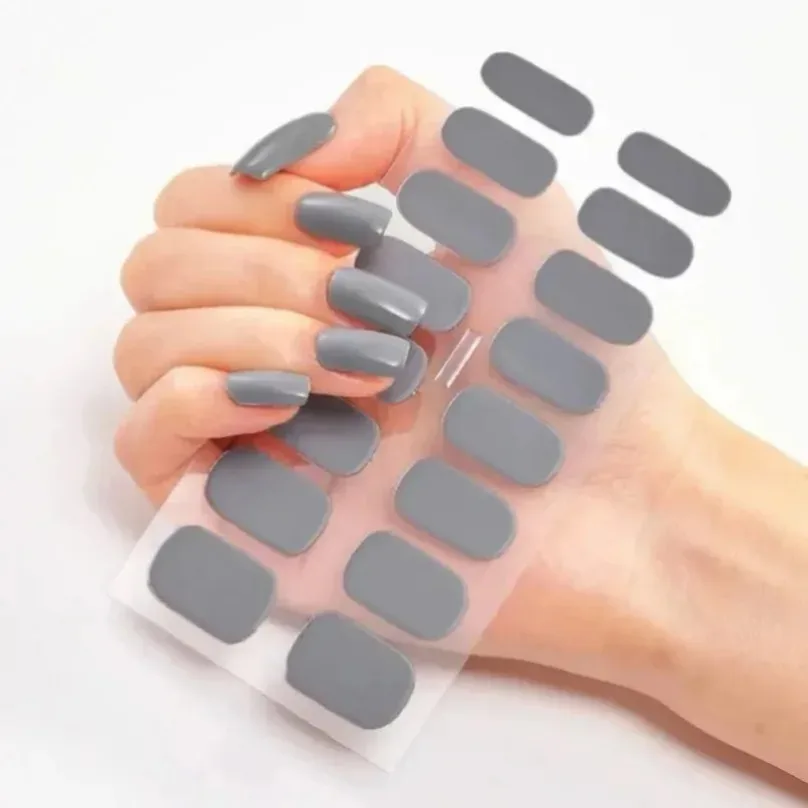 16Tips UV Semi-Cured Gel Nail Wraps Sticker 5D Pure Color Full Cover UV Lamp Gel Sticker Long-Lasting Nail Extension Patch Strip