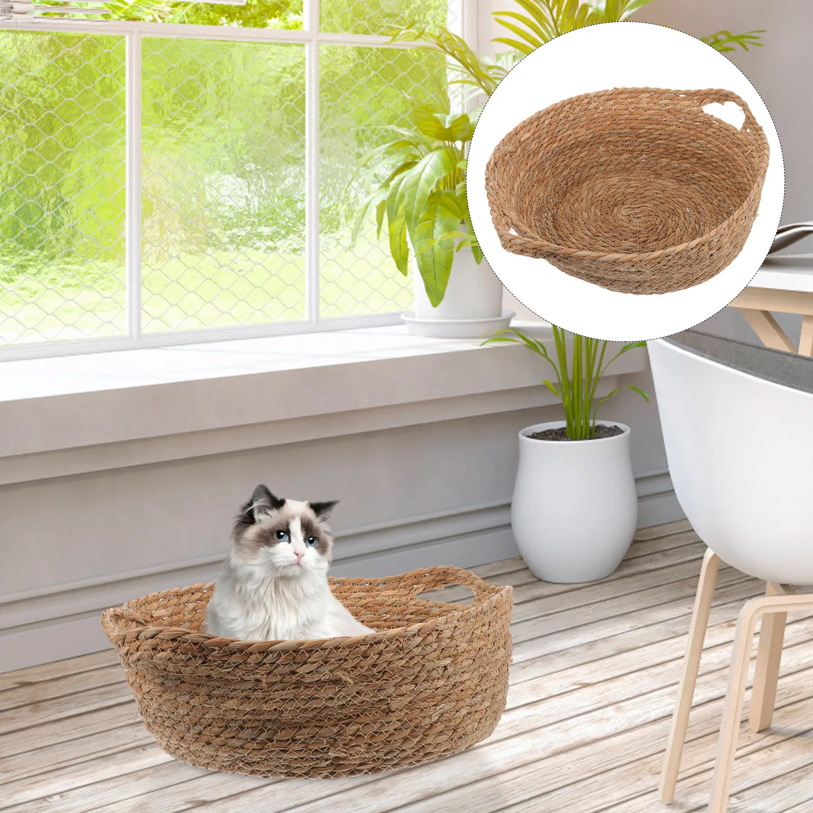 

Straw Woven Cat Sleeping Bed Pet Nest Dog Sleeping House Large Spacious Soft Comfortable Breathable Indoor Cat House