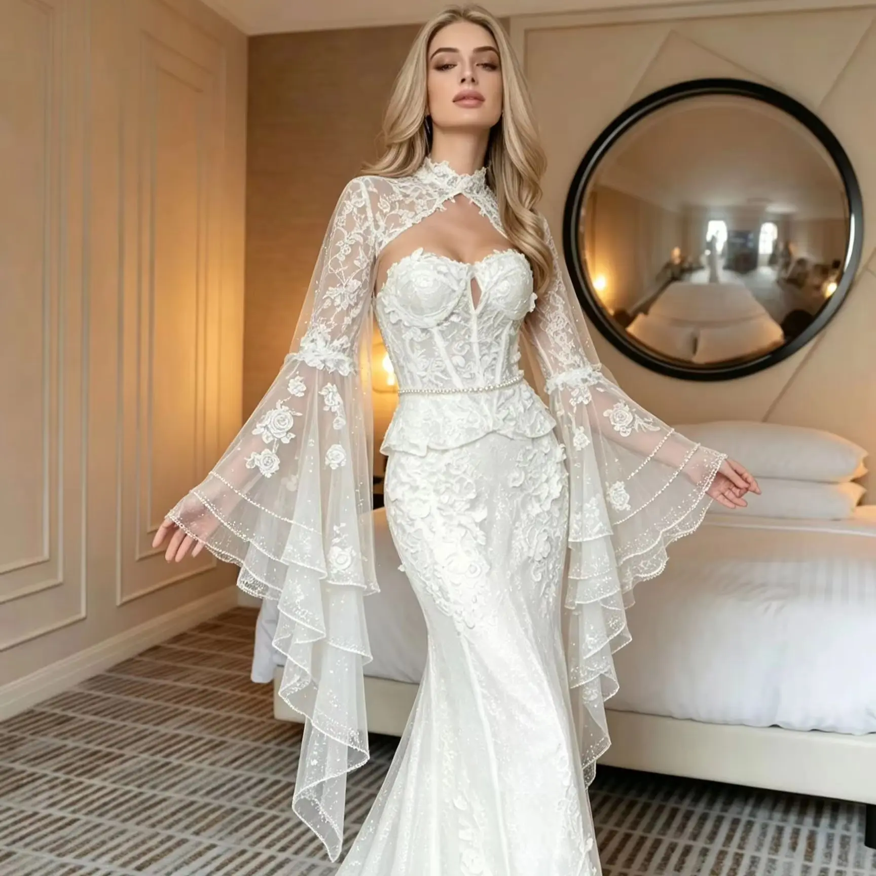 Chic High Neck Bridal Shrug Sheer Rose Floral Lace Capelet Wide Flared Cape Sleeves Scalloped Edge Wedding Beach Ceremony