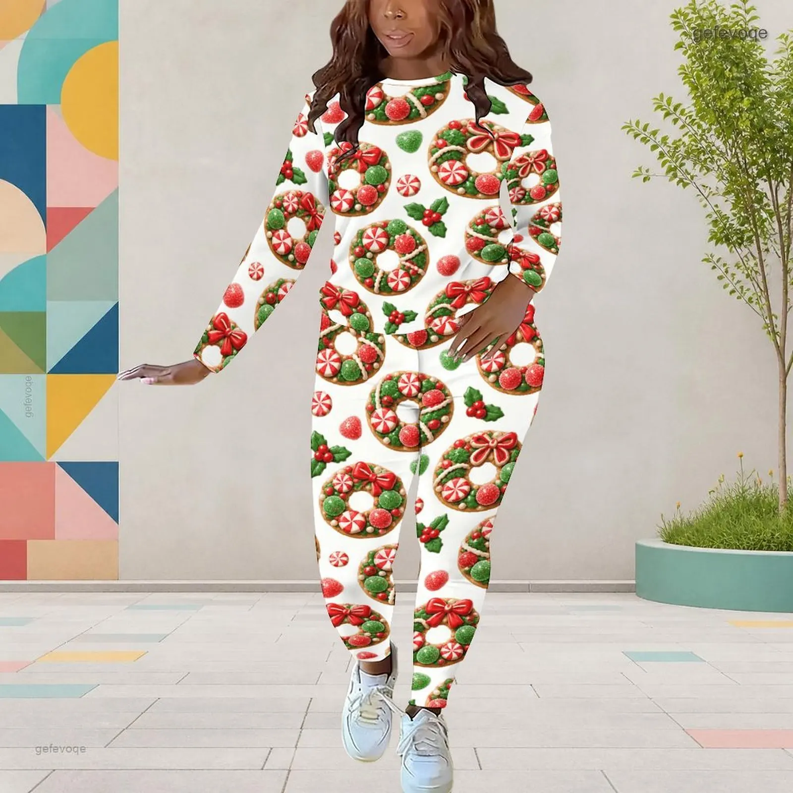 Women Christmas Wreath Candy Printed Round Neck Long Sleeve Two Piece Pants Set