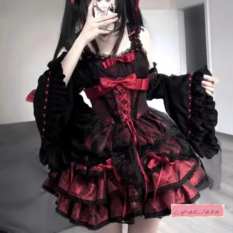Japanisches Harajuku Y2K Schleife Spitze Rüschen Abendessen Flauschiger Mini Prinzessin Rock Goth Lolita JSK Damen Punk Süßes Schwarz Rot Partykleid