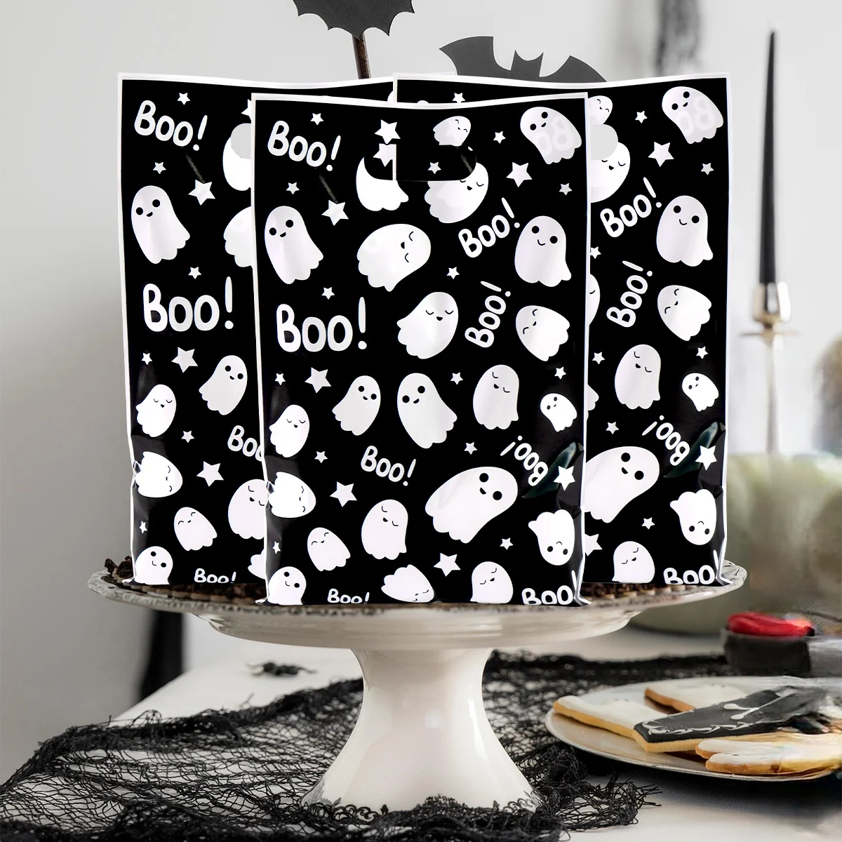 10/20/50 Stück schwarze Halloween-Geschenktüten, Geister-Geschenktüten aus Kunststoff, Keksverpackungsbeutel, Halloween-Party-Dekoration, Süßes oder Saures Zubehör – Detail 5