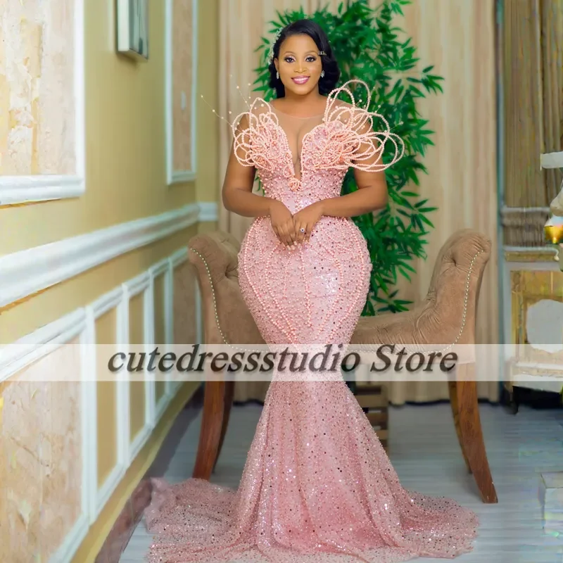 

African Women Pink Evening Dresses Long Aso Ebi Mermaid Prom Dress Abendkleider Arabic Wedding Gowns vestidos de gala Customized