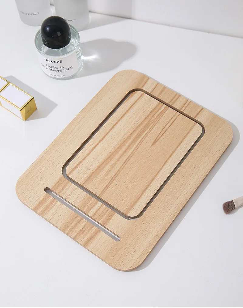 مرآة تزيين بإطار خشبي، مرآة مكياج قابلة للطي، مرآة مكتب محمولة هدية للنساء #5