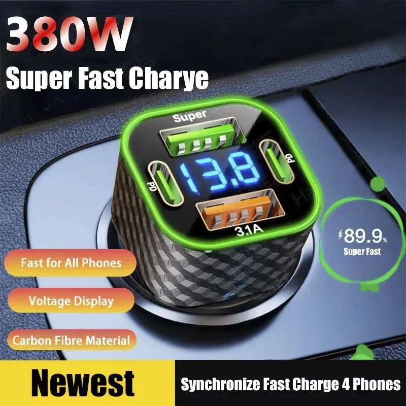

USB C Car Phone Charger Dual PD 4 in 1 with Voltage Display Super Fast Charge Adapter for iPhone Xiaomi Oppo Vivo Samsung