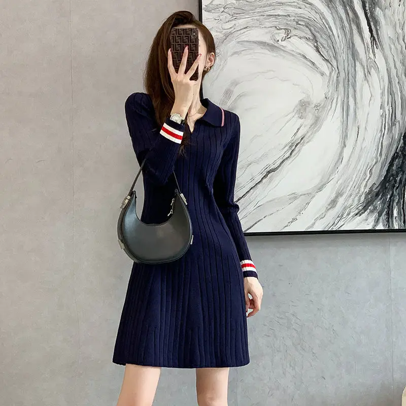 Autumn Winter Women\'s Vintage Striped Elegant Chic Slim Knitted Dresses Korean Fashion High Waist Long Sleeve A Line Midi Dress