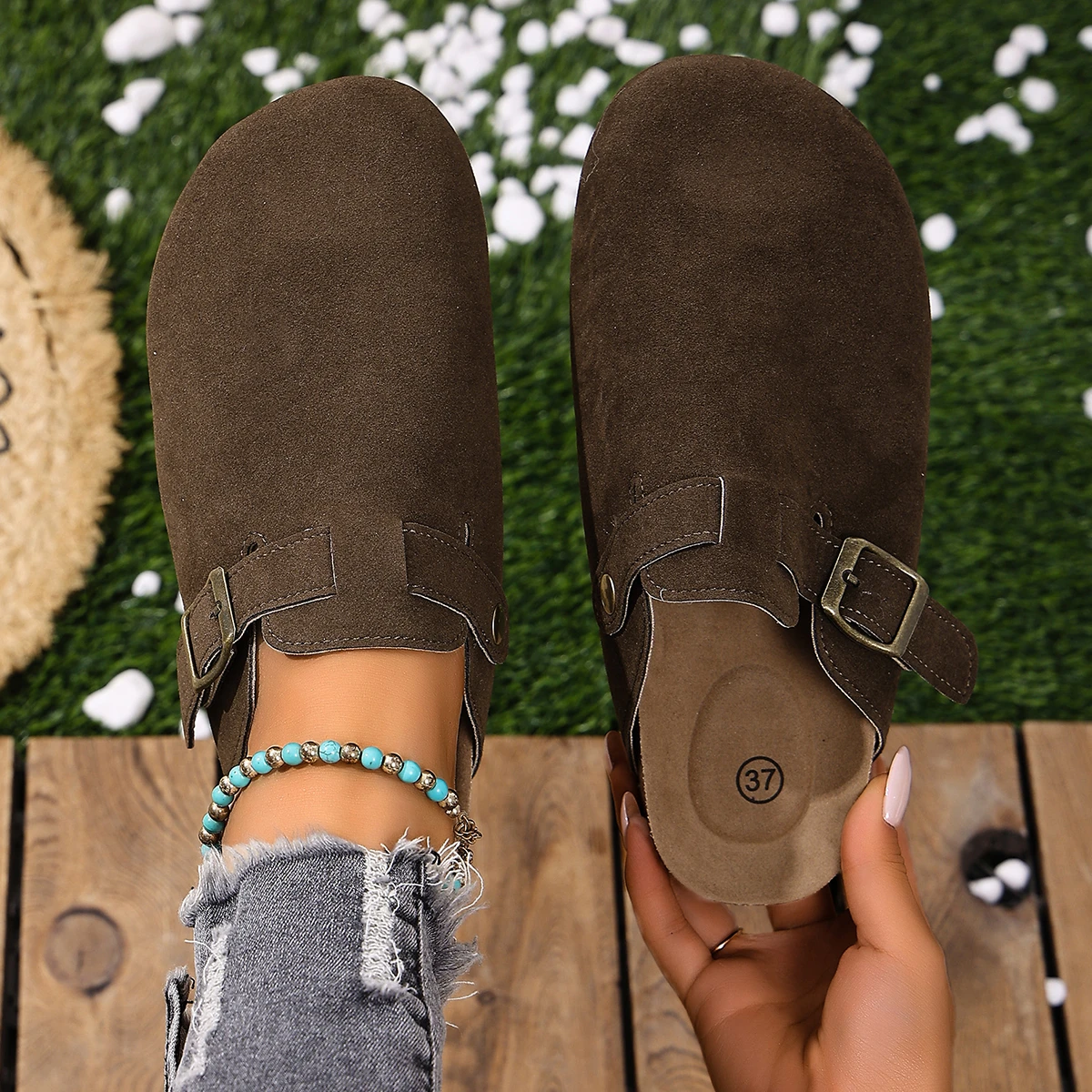 Korkfußbett-Clogs für Damen und Herren, modische Leder-Mules, bequeme Potato-Schuhe mit Fußgewölbestütze, flache Slides für drinnen und draußen – Detail 14