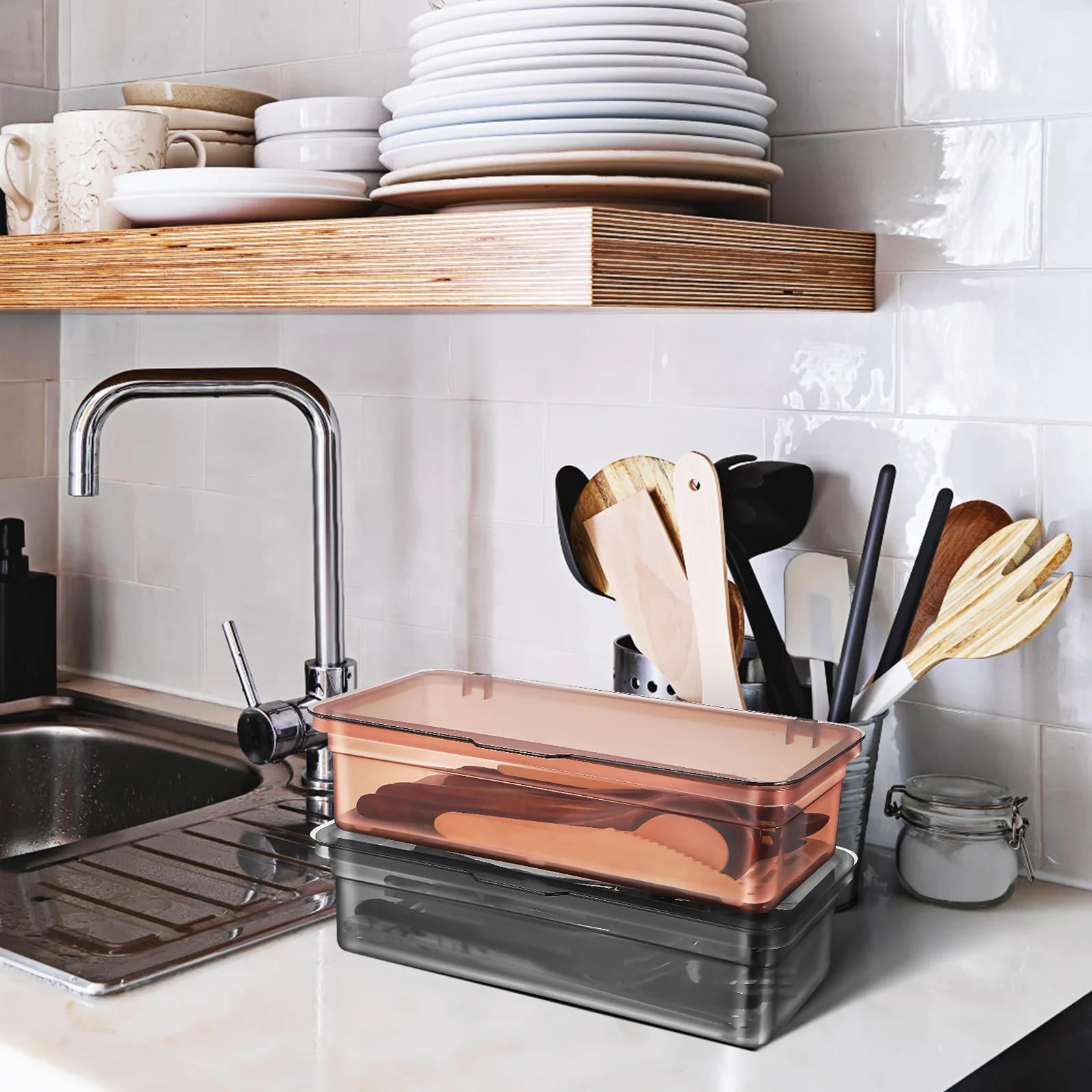 

2Pcs Kitchen Cutlery Organizer Box Transparent Lid Silverware Drain Tray Countertop Utensil Storage Plastic Storage Containers