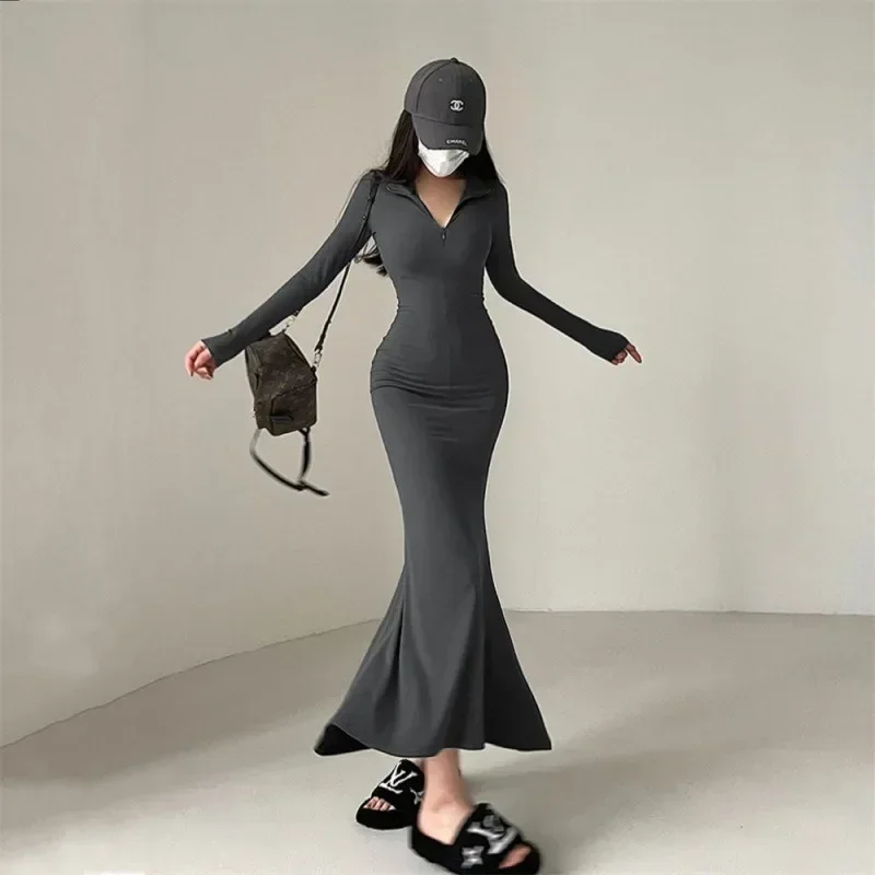 

Autumn Women Long Sleeve Zipper Collar Mermaid Sexy Bodycon Dress Vestidos Tight Elastic Party Dresses Korean Maxi Dresses Y2k