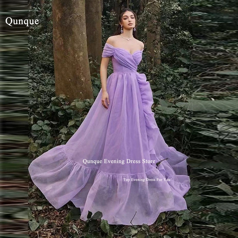 

Qunque Elegant Purple Evening Dresses Tulle Long A Line Ruched Party Dresses Floor Length Ruffles Robe De Soiree Femmes 2024