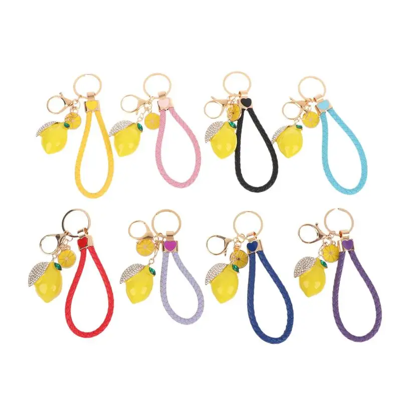 Niedlicher Zitronen-Schlüsselanhänger, modischer Zitronen-Schlüsselring mit Strass, geflochtenes PU-Lederband, Taschenanhänger, Dekoration, schöne Geschenke – Detail 9