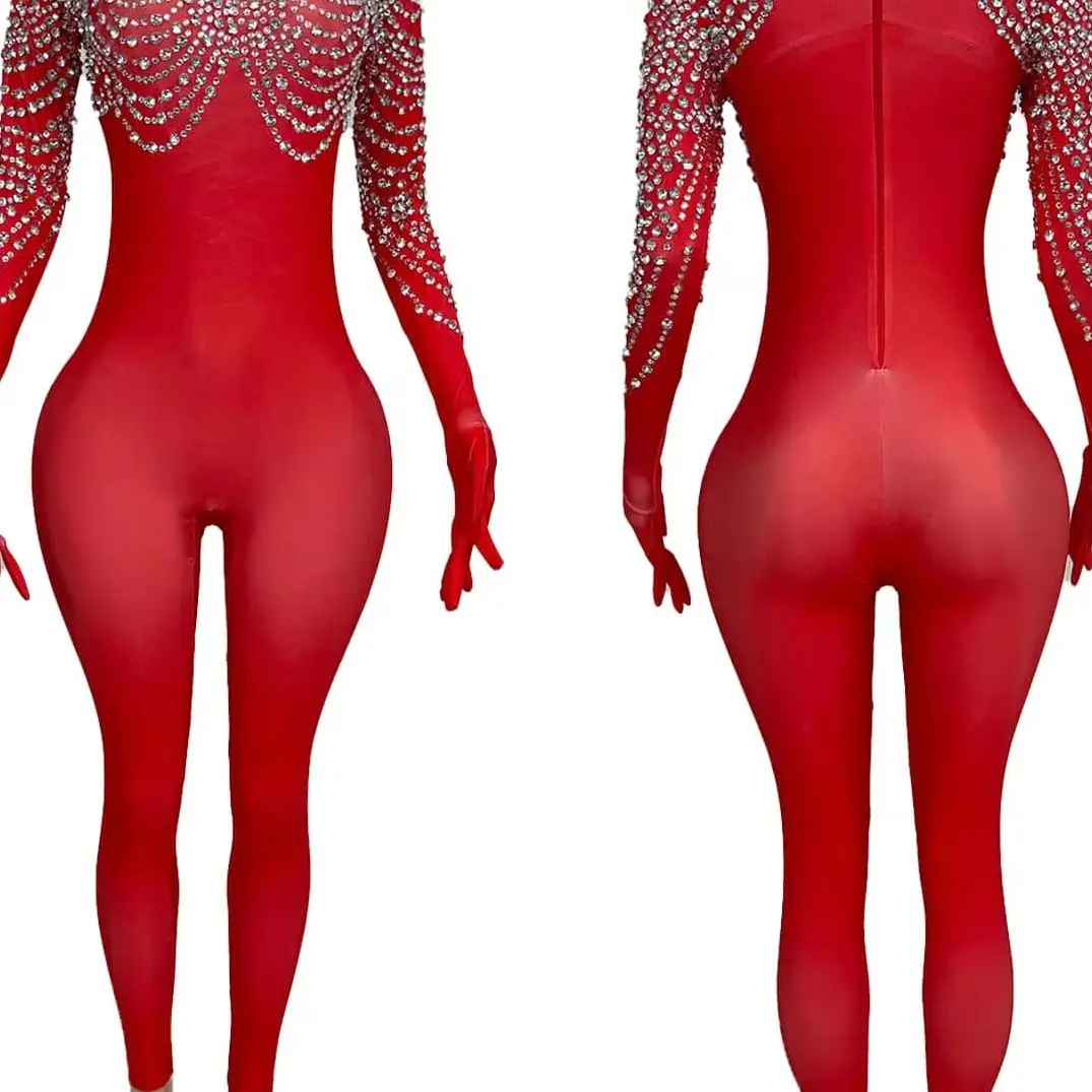 

Newest Glitter Rhinestones Halloween Red Jumpsuit for Women Performance Dancer Singer Stage Wear Nightclub Show Rompers Pijian
