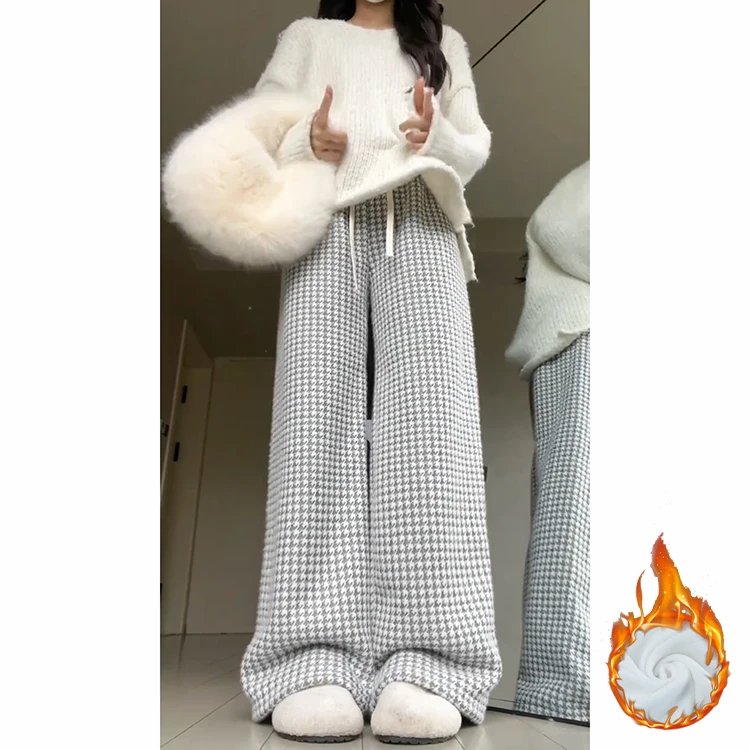 Cordeiro veludo xadrez calças casuais femininas outono inverno novo sle pequena fraança vento anti envelhecimento fce forrado thi quente reto...
