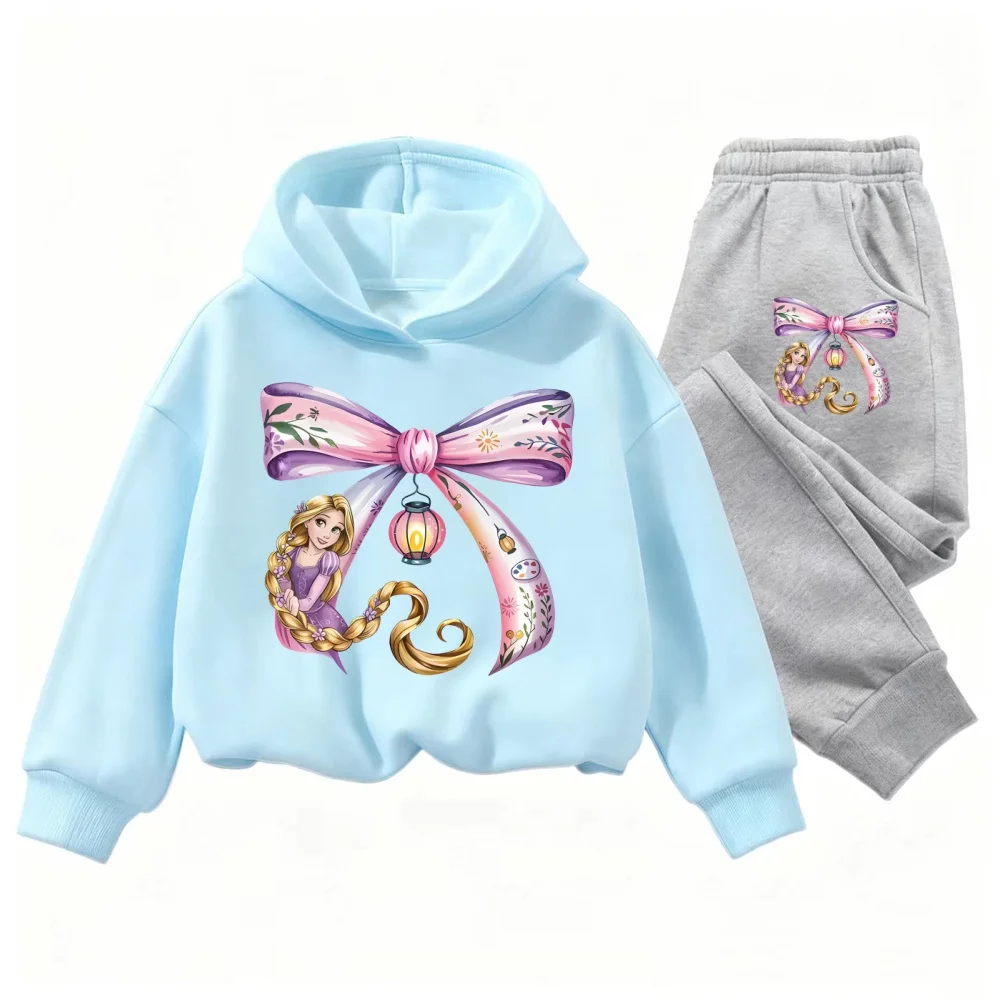 

Осенне-зимняя детская толстовка и штаны с принтом банта Диснея Рапунцель для девочек, модный горячий новый стиль для дня рождения