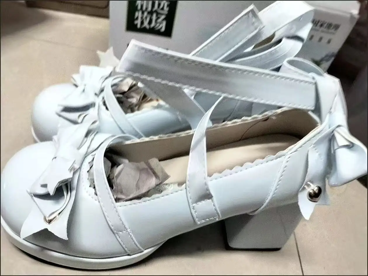 Lolita Shoes Women High Heels Shoes Woman Chunky Sandals Retro Bow Party Platform Pumps Summer Mary Janes PU Leather Shoes