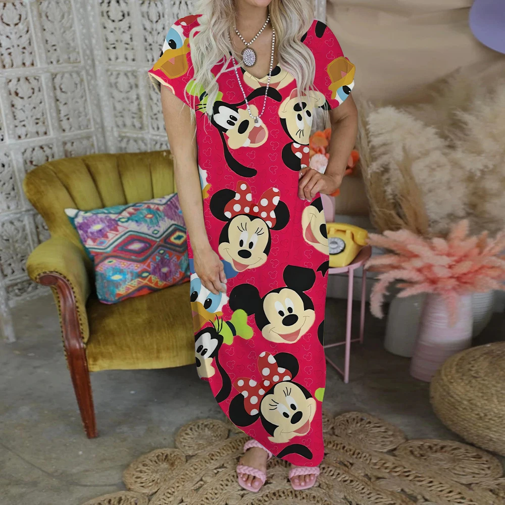 Robe maxi imprimée Minnie Mouse à col en V pour femmes, jupe fendue, robes de soirée élégantes, mode décontractée, 2022