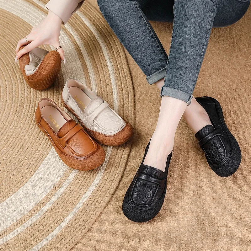 

Women's Black/Beige/Brown Pu Leather Platform Flats Shoes Comfort Casual Shoes for Daily Office Q-139