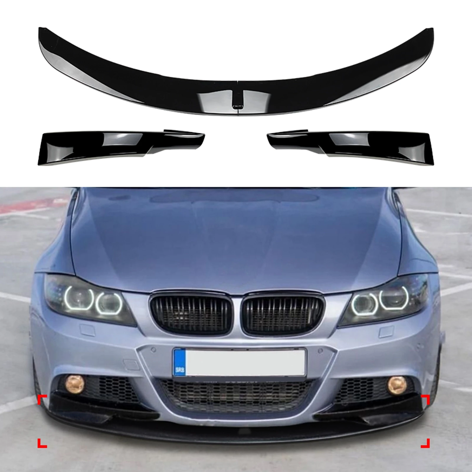 

Gloss Black Car Front Lip Bumper Splitter+Side Spoiler Cover For BMW 3 Series E90 E91 LCI M Sport 323i 325i 328i 335i 2009-2012