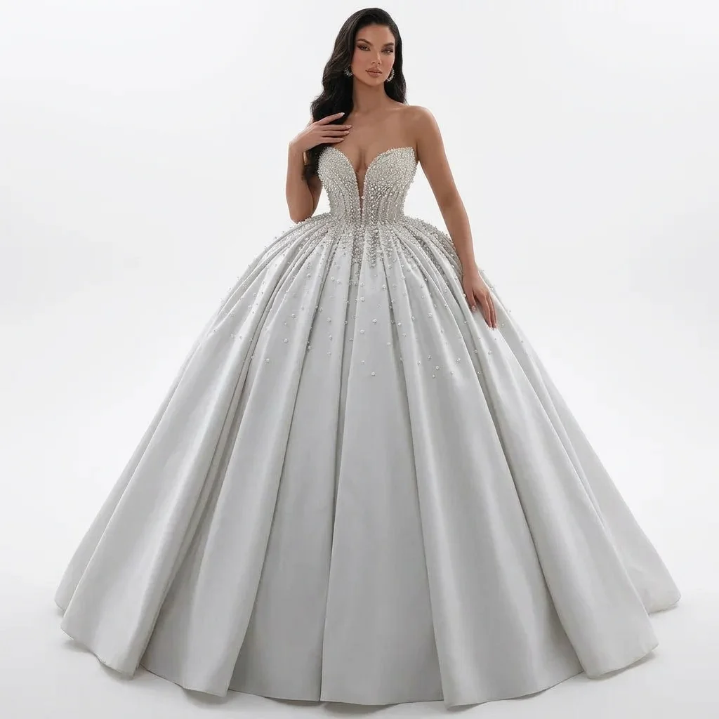

Luxury Ball Gown Wedding Dress Princess Satin Pearl Sweetheart Sleeveless Bridal Dress for Women's Vestdos De Novia Customized