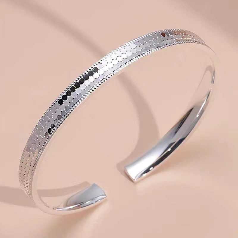 OUYADI Fashion 999 Sterling Silver Fish‑Scale Glitter Open Bangle, Adjustable Cuff Bracelet For Daily Wear & Luxury Gifting