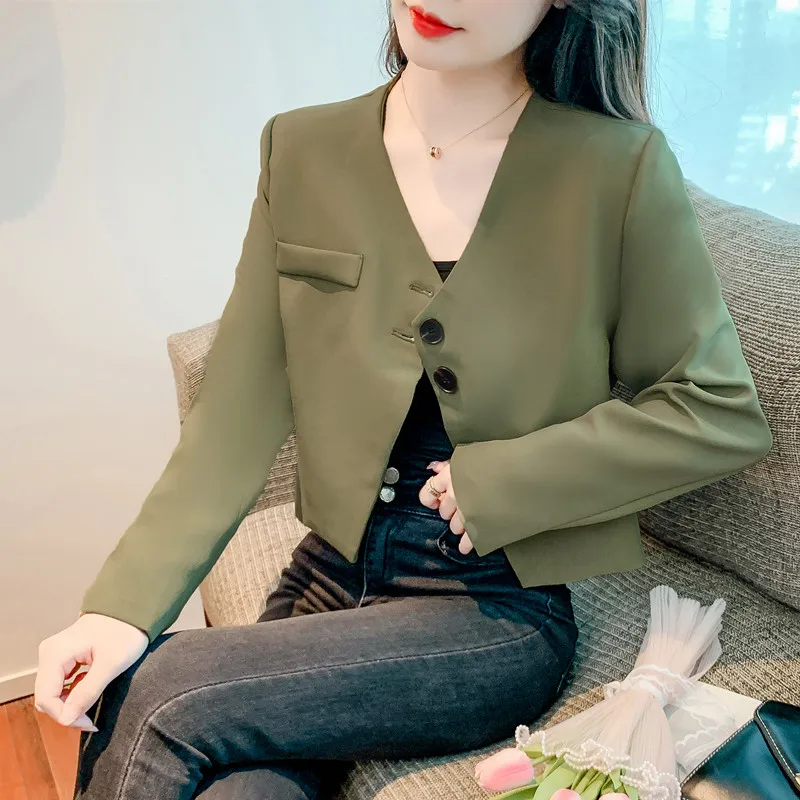 Wanita musim semi dan musim panas Retro kasual lengan pendek Blazer mantel warna Solid Perancis longgar V-neck Single-breasted setelan jaket