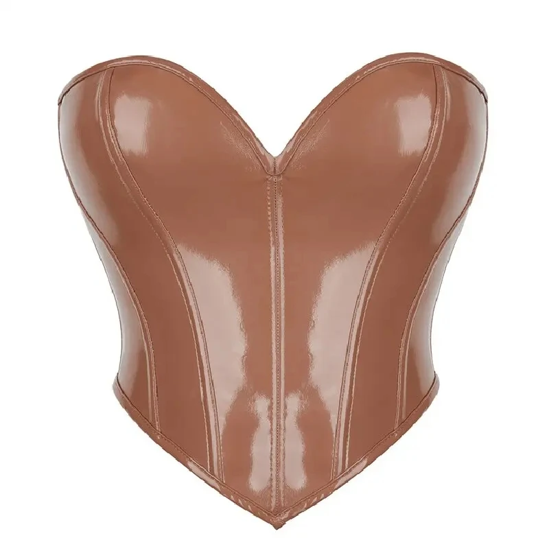 Brown Solid Shiny PVC Corset Crop Top Body Shaper Women Strapless Lace Up Gothic Bustiers Female Push Up Corselet Tube Top Vest