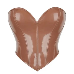 Brown Solid Shiny PVC Corset Crop Top Body Shaper Women Strapless Lace Up Gothic Bustiers Female Push Up Corselet Tube Top Vest