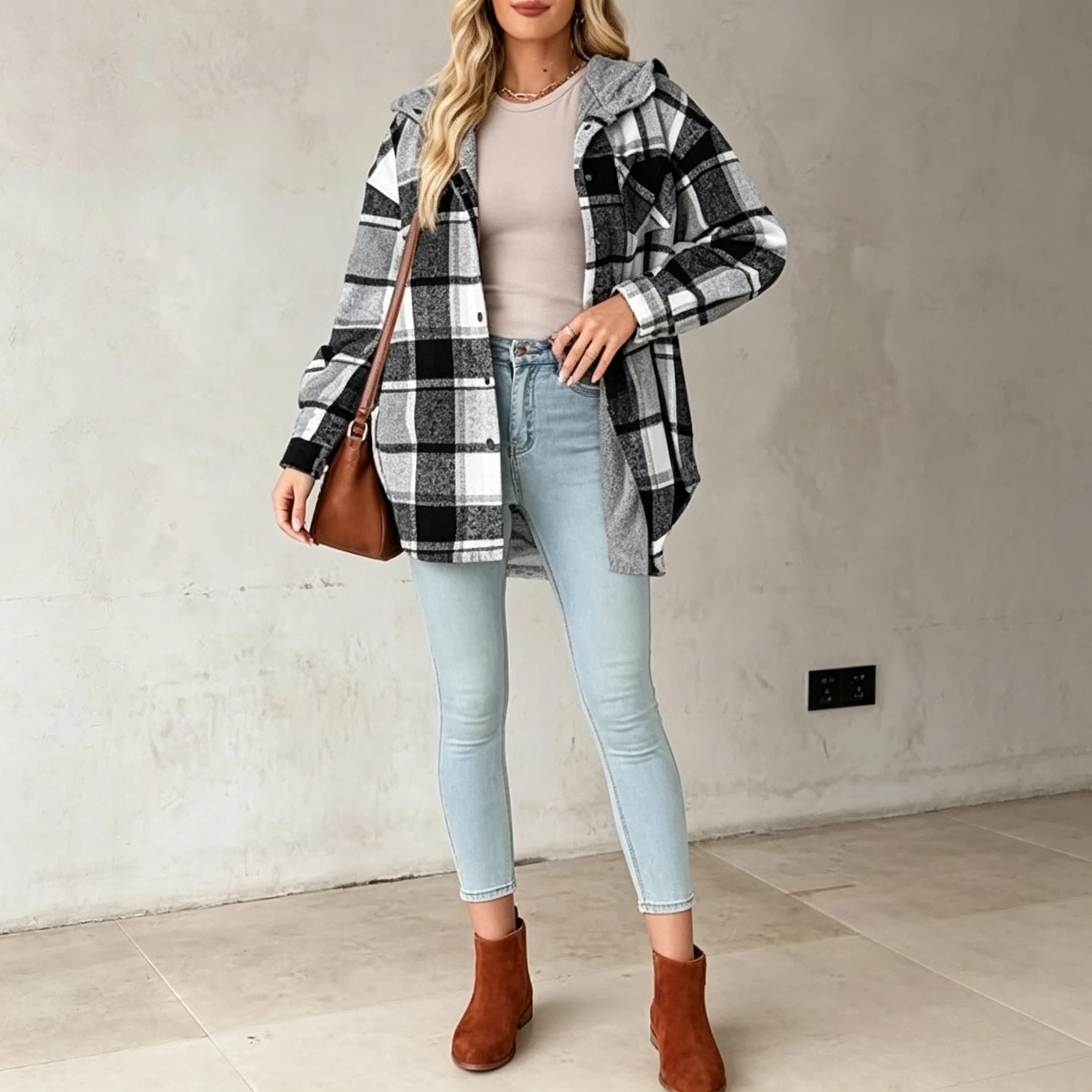 Flannel Plaid Shacket Hooded Button Down Long Sleeve Mid Length Oversized Loose Fit Pockets Casual Warm Cozy Outerwear Shacket